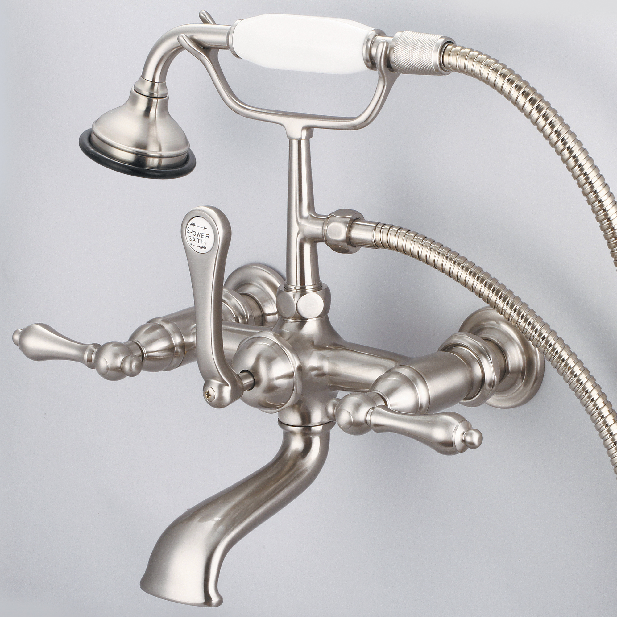 Vintage Classic 7 Inch Spread Wall Mount Tub Faucet With Straight Wall Connector & Handheld Shower in Brushed Nickel Finish With Metal Lever Handles Without Labels