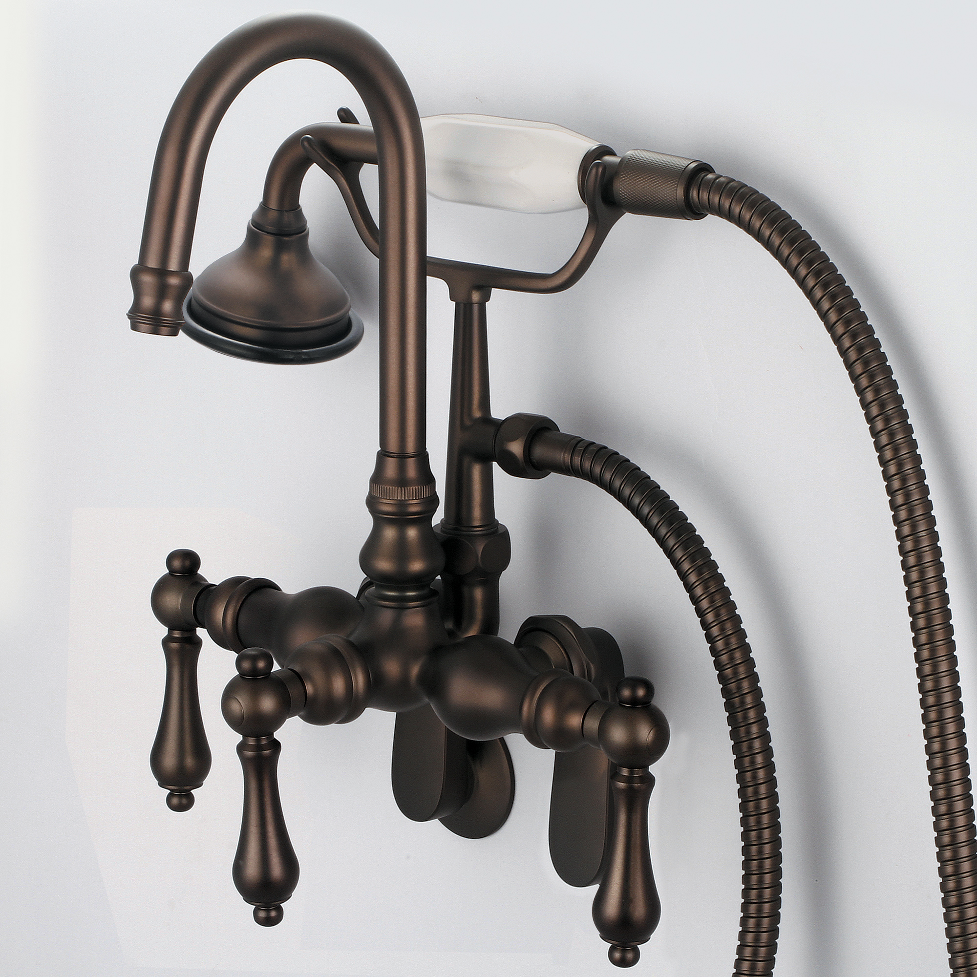 Vintage Classic Adjustable Spread Wall Mount Tub Faucet With Gooseneck Spout, Swivel Wall Connector & Handheld Shower in Oil-rubbed Bronze Finish Finish With Metal Lever Handles Without Labels