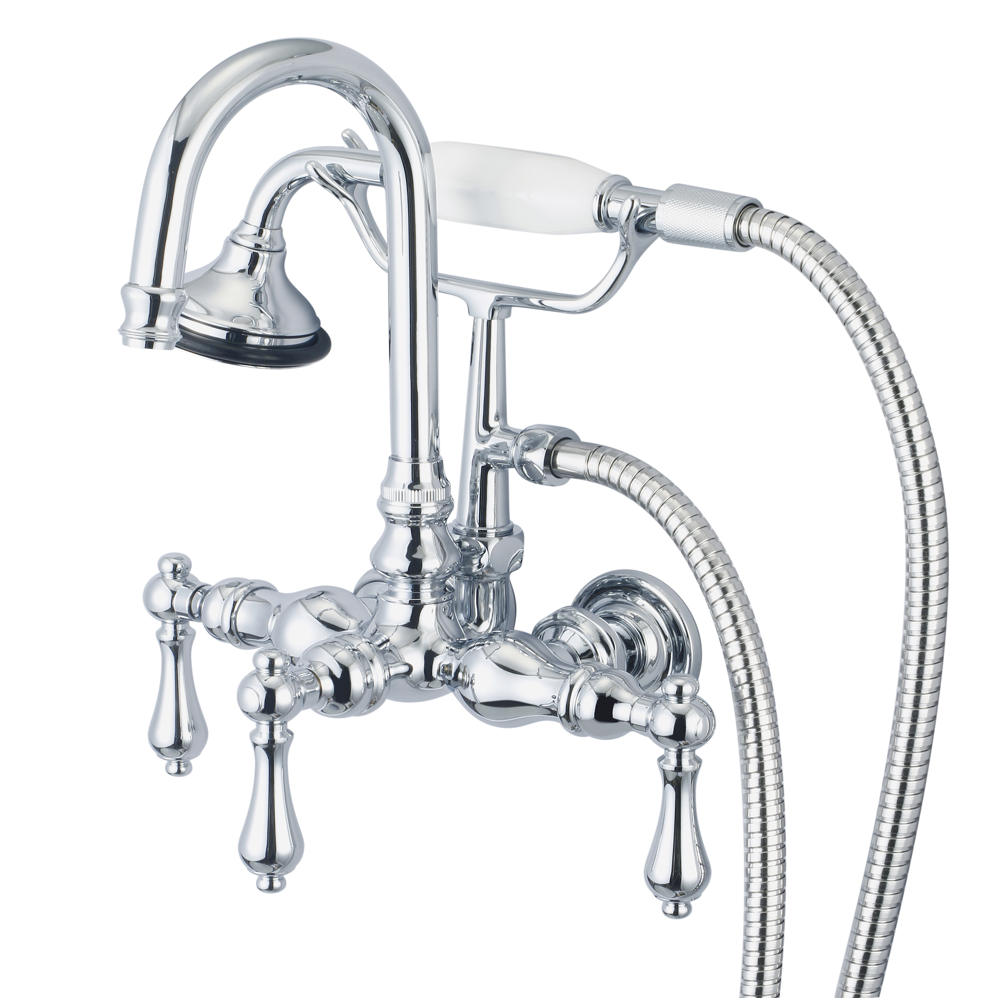 Vintage Classic 3.375 Inch Center Wall Mount Tub Faucet With Gooseneck Spout, Straight Wall Connector & Handheld Shower in Chrome Finish With Metal Lever Handles Without Labels