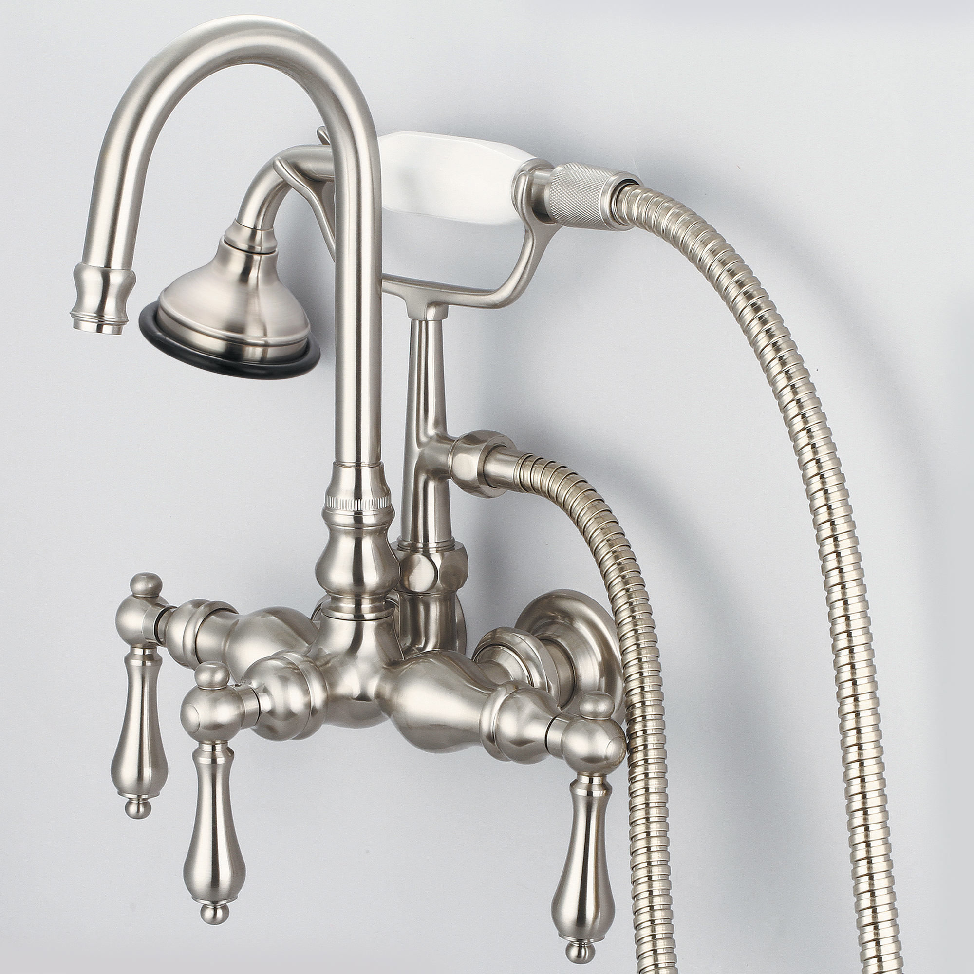 Vintage Classic 3.375 Inch Center Wall Mount Tub Faucet With Gooseneck Spout, Straight Wall Connector & Handheld Shower in Brushed Nickel Finish With Metal Lever Handles Without Labels