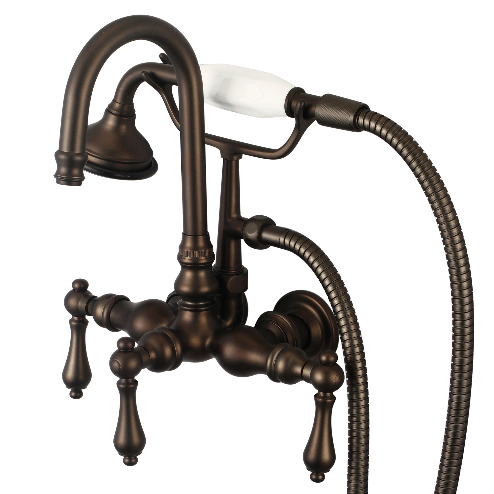 Vintage Classic 3.375 Inch Center Wall Mount Tub Faucet With Gooseneck Spout, Straight Wall Connector & Handheld Shower in Oil-rubbed Bronze Finish Finish With Metal Lever Handles Without Labels