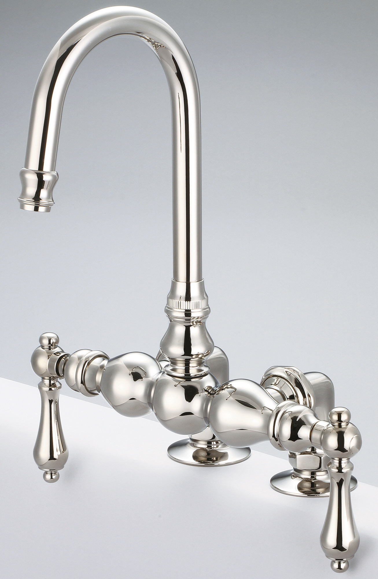 Vintage Classic 3.375 Inch Center Deck Mount Tub Faucet With Gooseneck Spout & 2 Inch Risers in Polished Nickel (PVD) Finish With Metal Lever Handles Without Labels
