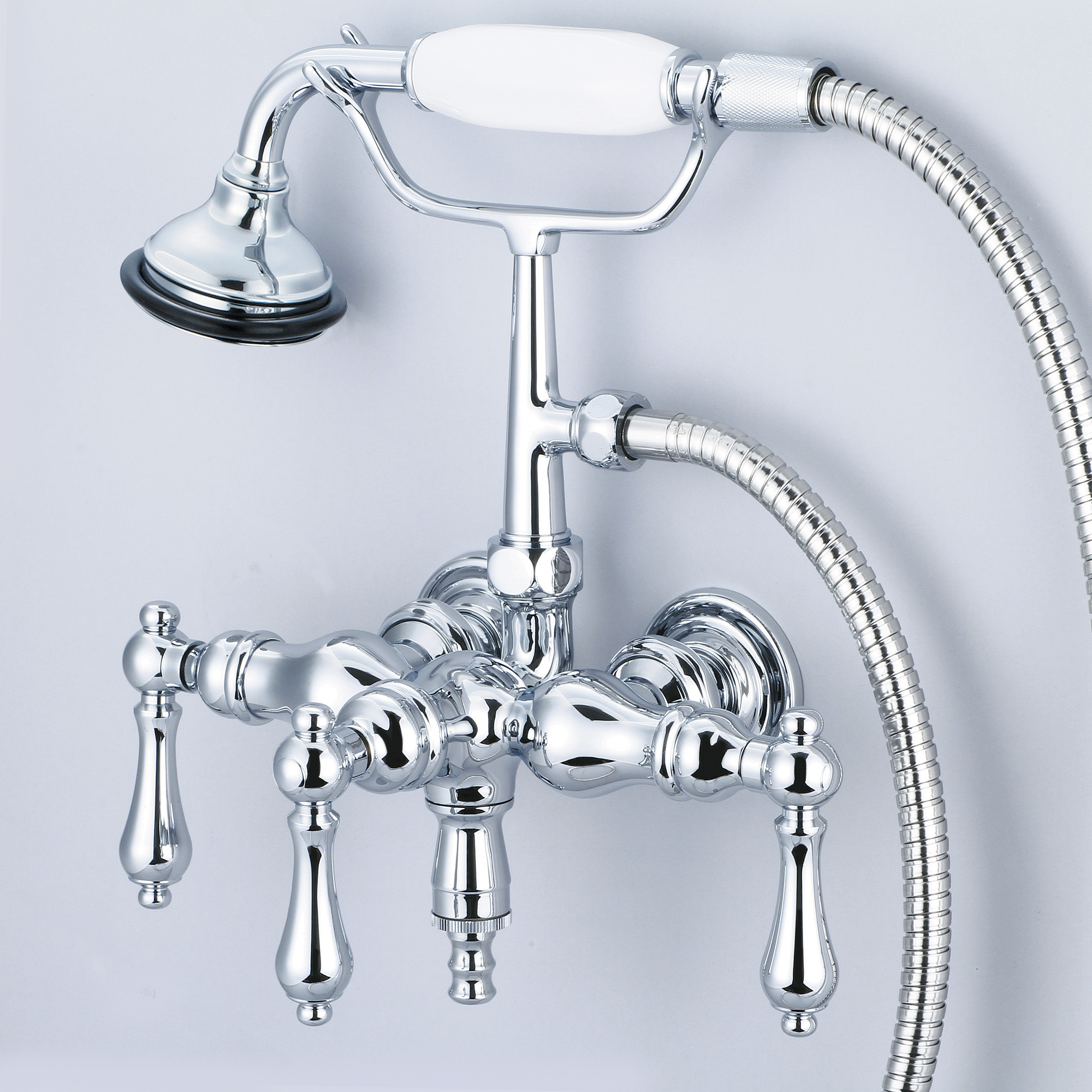 Vintage Classic 3.375 Inch Center Wall Mount Tub Faucet With Down Spout, Straight Wall Connector & Handheld Shower in Chrome Finish With Metal Lever Handles Without Labels