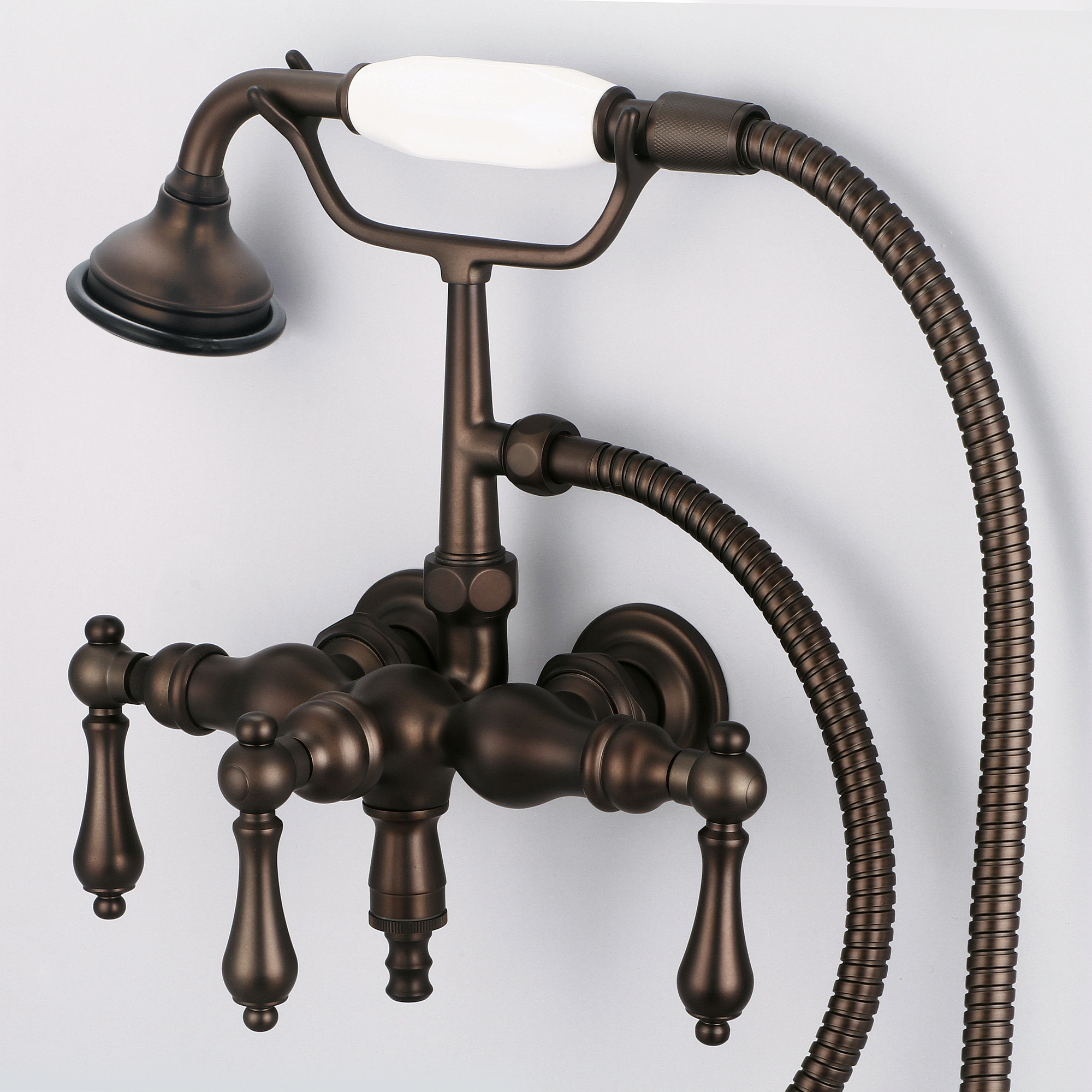 Vintage Classic 3.375 Inch Center Wall Mount Tub Faucet With Down Spout, Straight Wall Connector & Handheld Shower in Oil-rubbed Bronze Finish Finish With Metal Lever Handles Without Labels