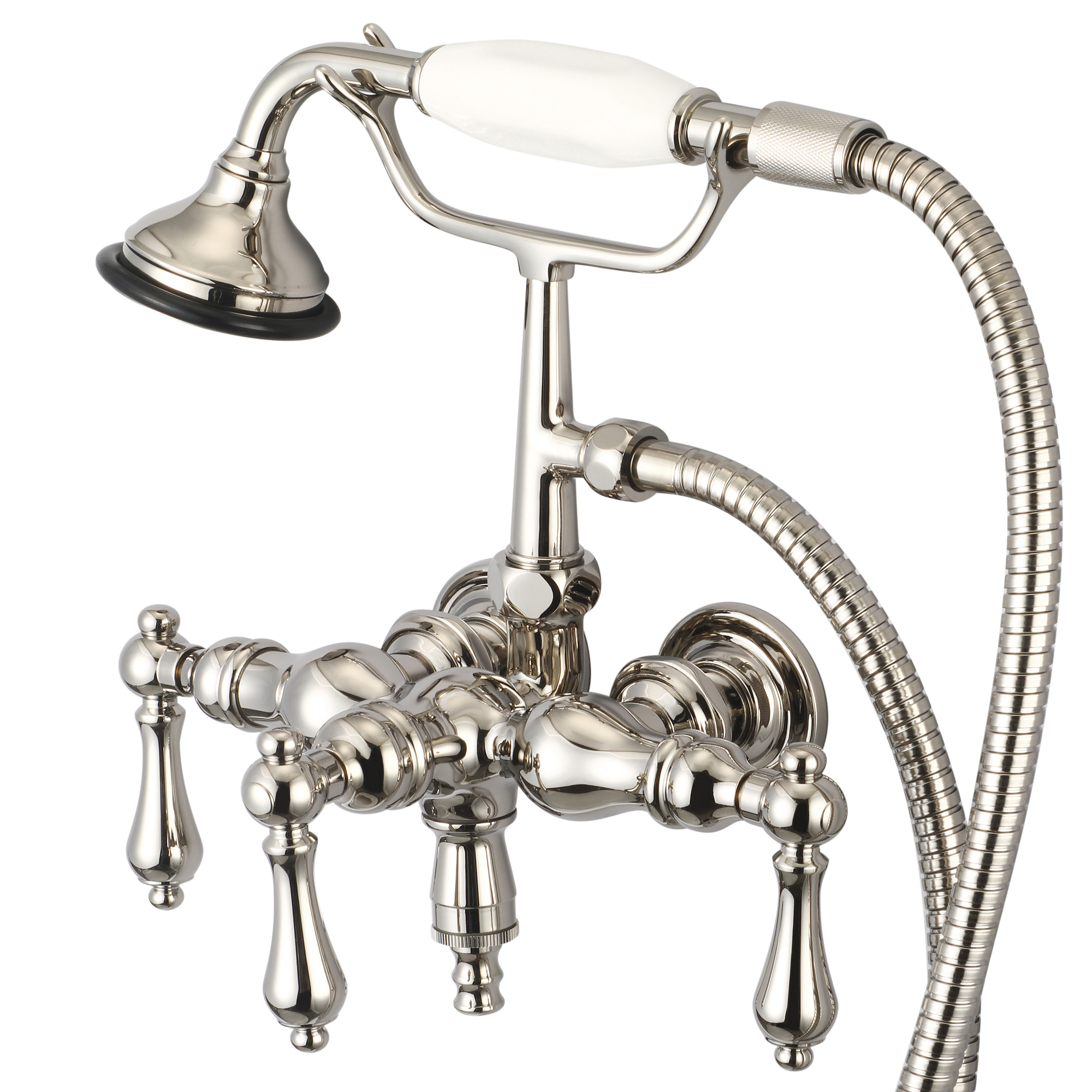 Vintage Classic 3.375 Inch Center Wall Mount Tub Faucet With Down Spout, Straight Wall Connector & Handheld Shower in Polished Nickel (PVD) Finish With Metal Lever Handles Without Labels