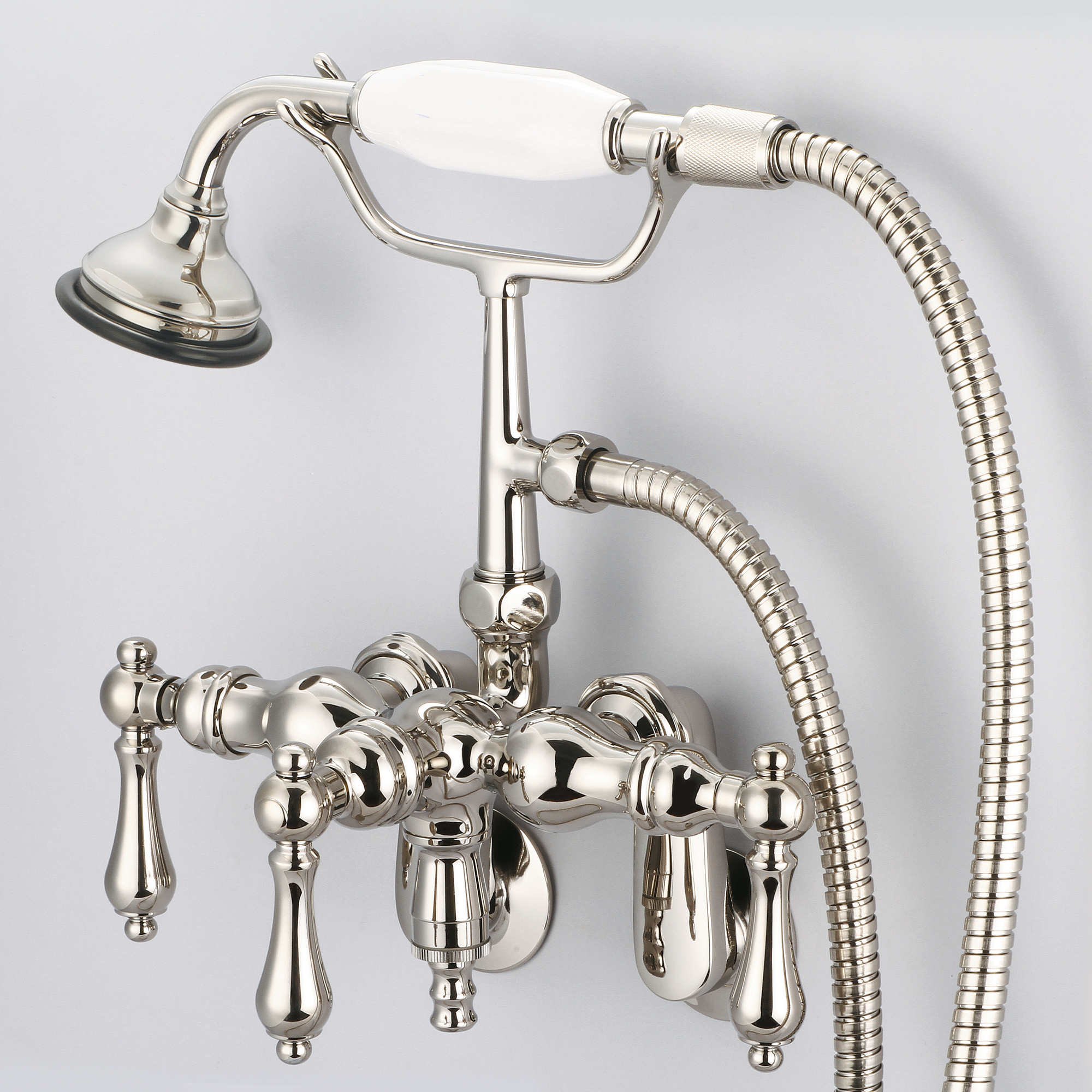 Vintage Classic Adjustable Center Wall Mount Tub Faucet With Down Spout, Swivel Wall Connector & Handheld Shower in Polished Nickel (PVD) Finish With Metal Lever Handles Without Labels