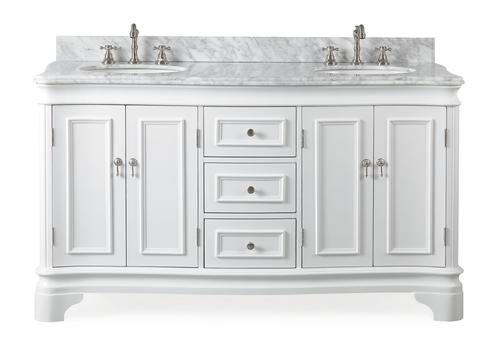 60" Double Sink White Bathroom Vanity with Italian Carrara White Marble Counter Top