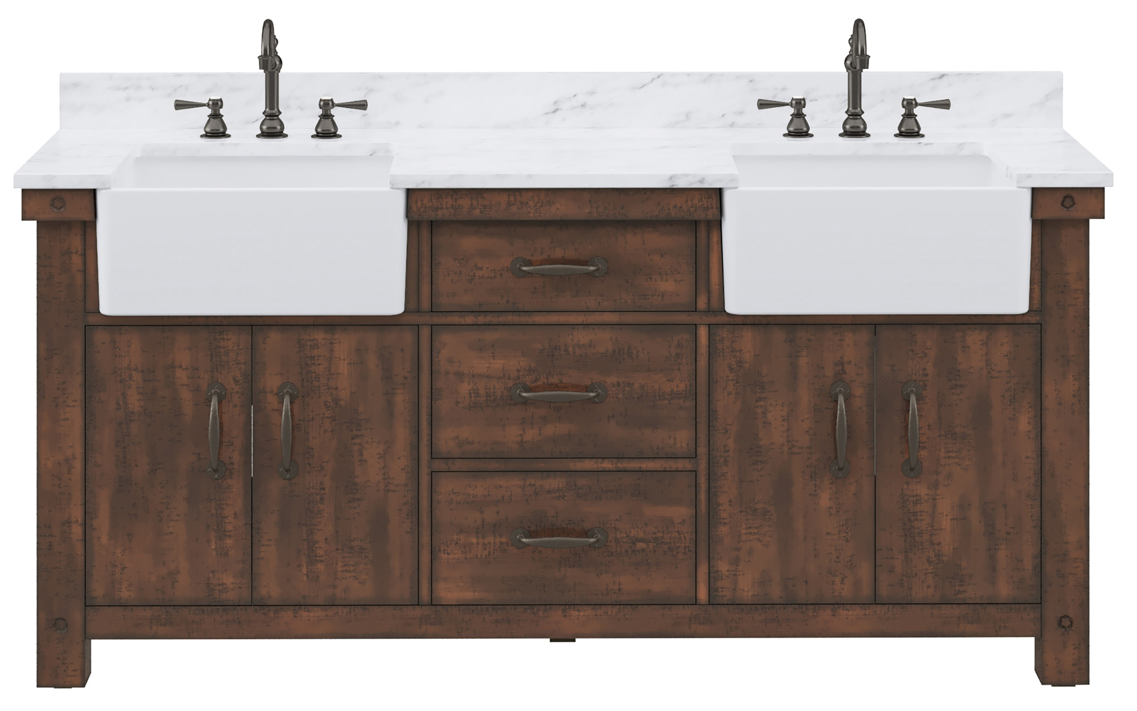 72" Double Sink Carrara White Marble Countertop Vanity in Rustic Sienna with Mirror and Faucet Options