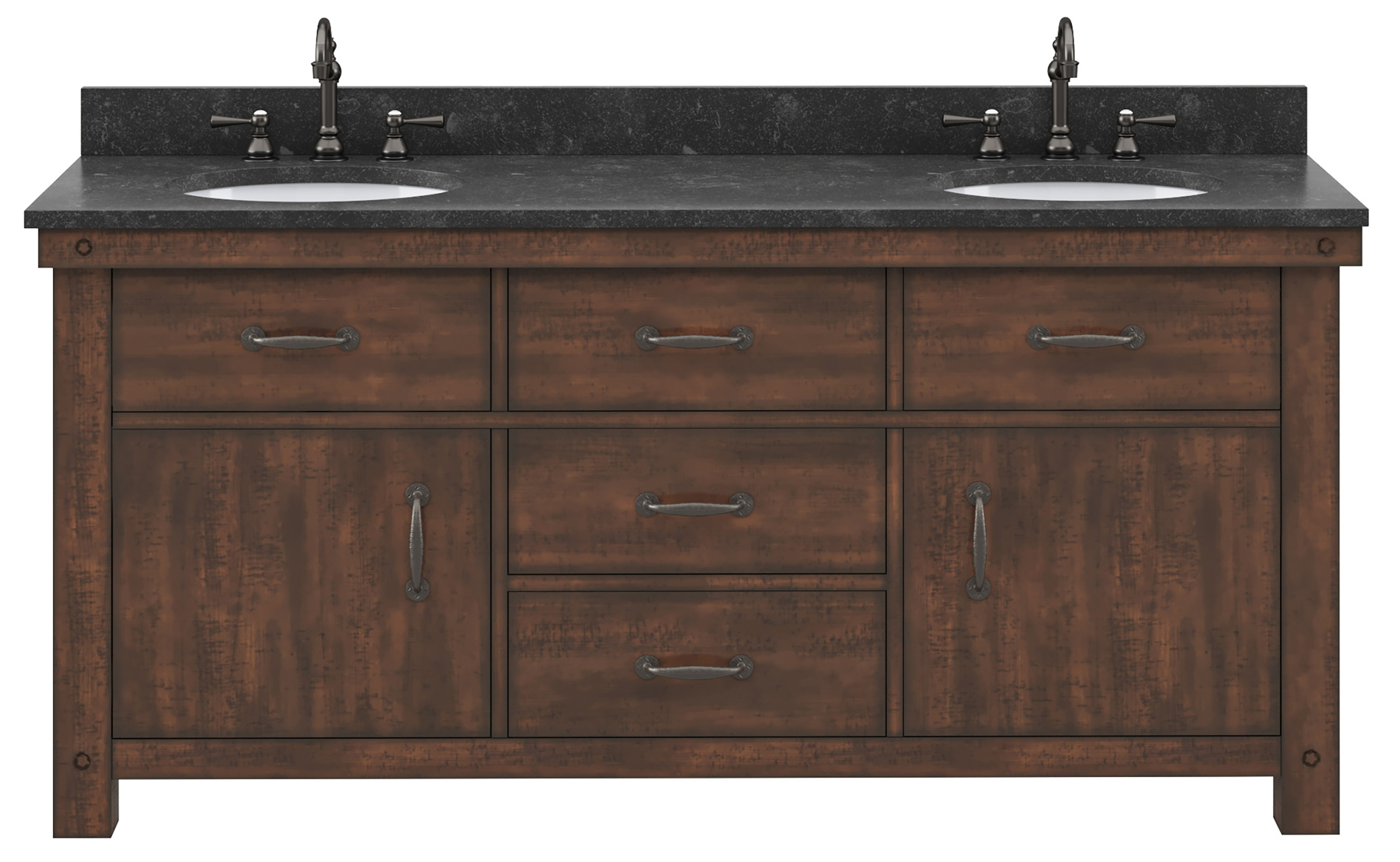 72" Double Sink Blue Limestone Countertop Vanity in Rustic Sierra with Mirror and Faucet Options