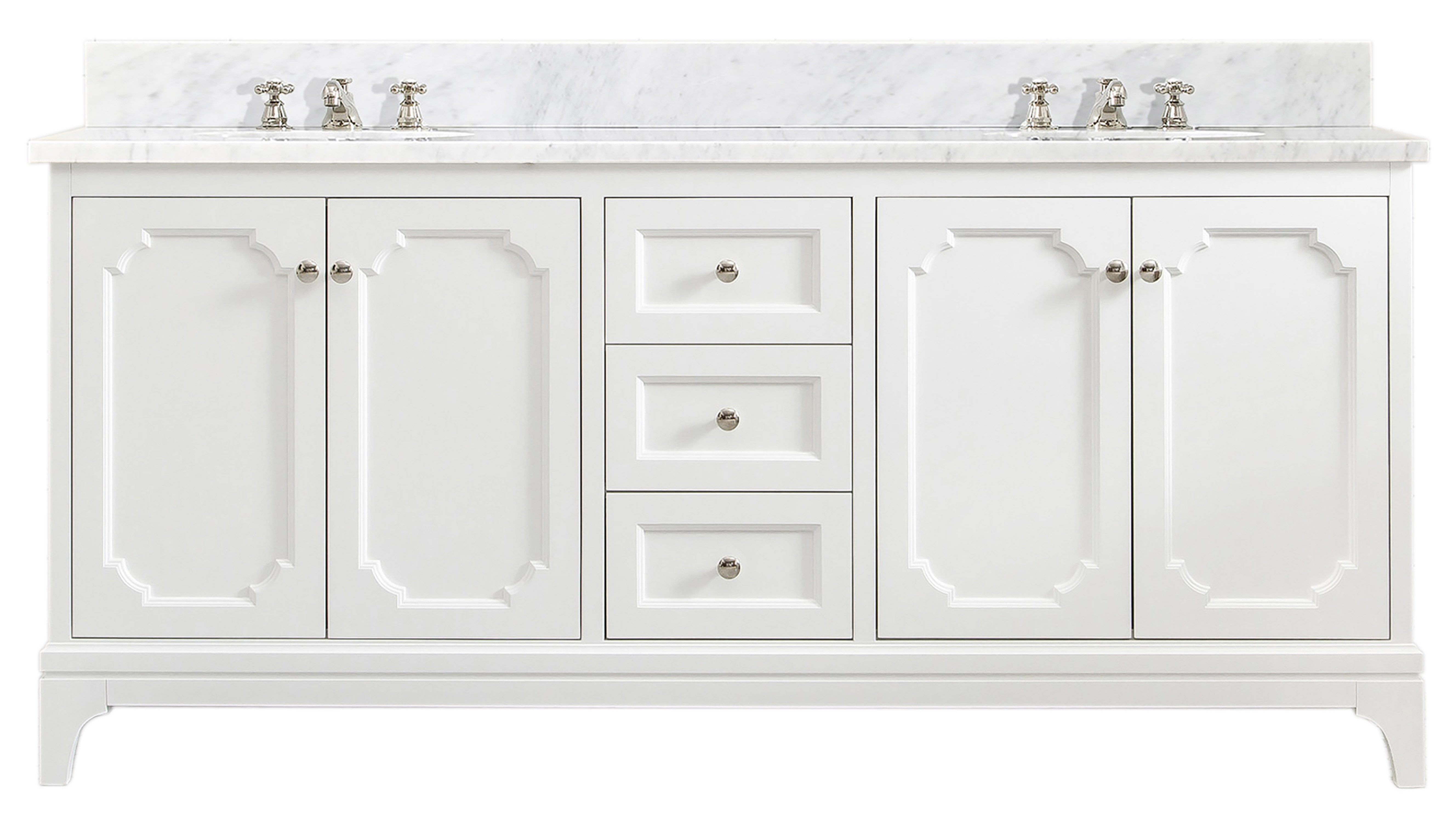 72" Double Sink Carrara White Marble Countertop Vanity in Pure White with Mirror and Faucet Options