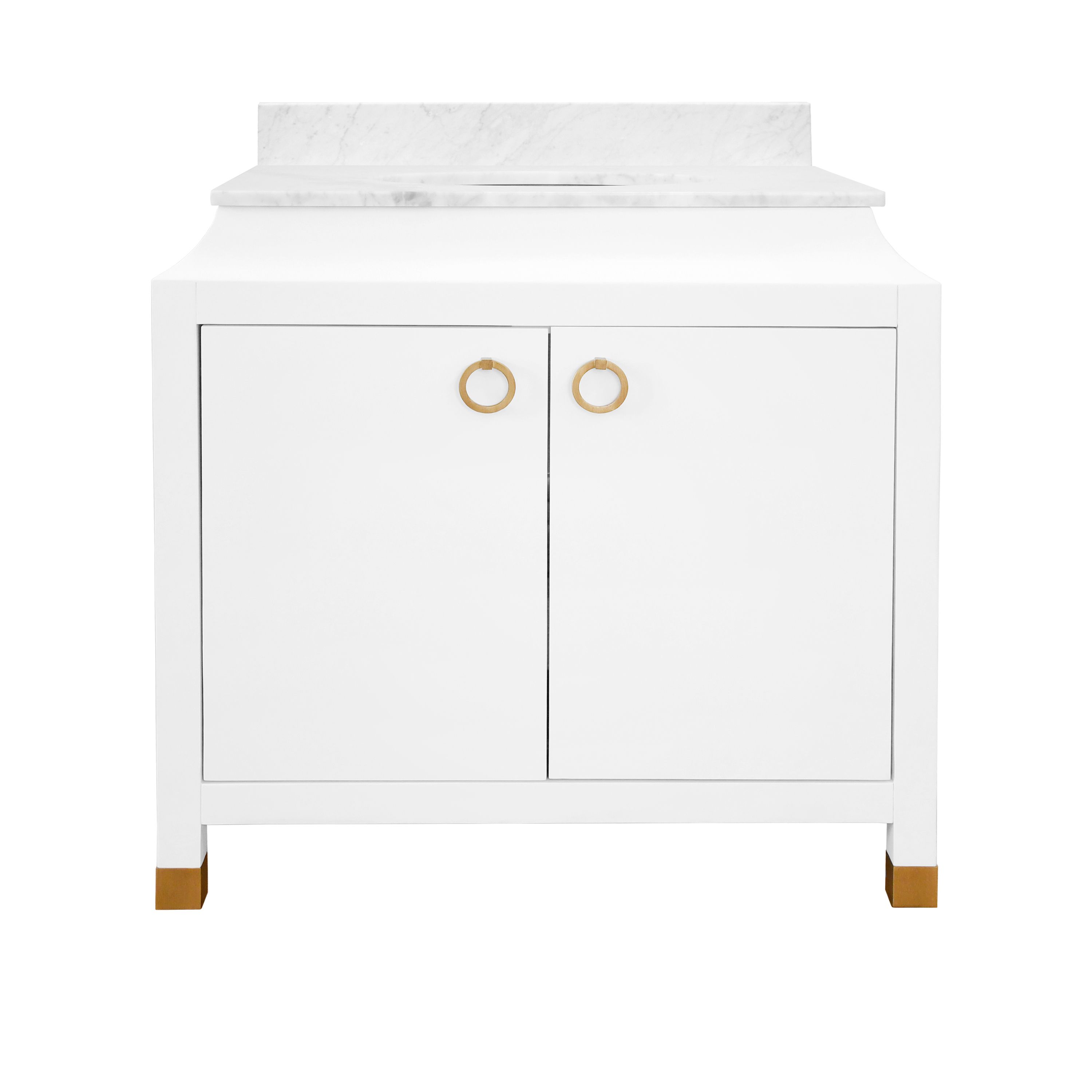 30" Issac Edwards Collection Bath Vanity in Textured Lacquer White Linen w/ Antique Brass Ring Hardware, White Marble Top and Porcelain Sink