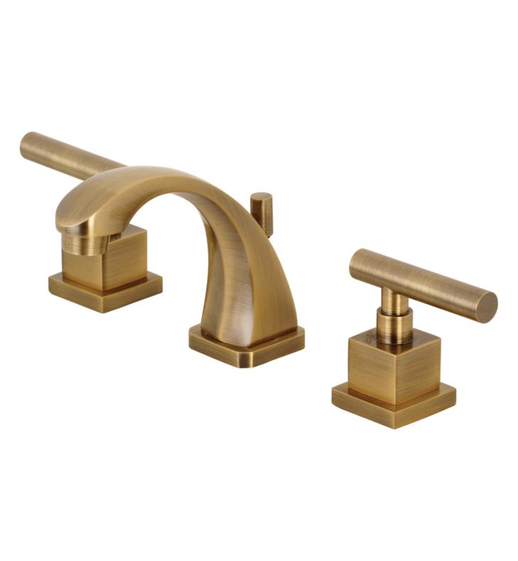 4 3/8" Double Metal Lever Handle Widespread Bathroom Sink Faucet with Pop-Up Drain in Antique Brass