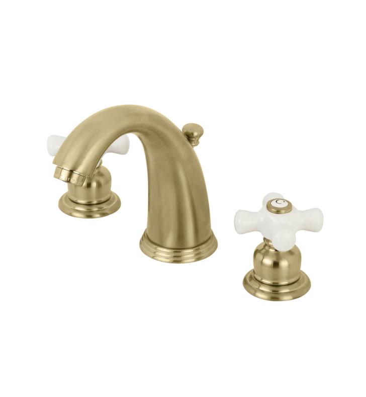 Victorian 5 3/4" Double Porcelain Cross Handle Widespread Bathroom Sink Faucet with Pop-Up Drain in Brushed Brass