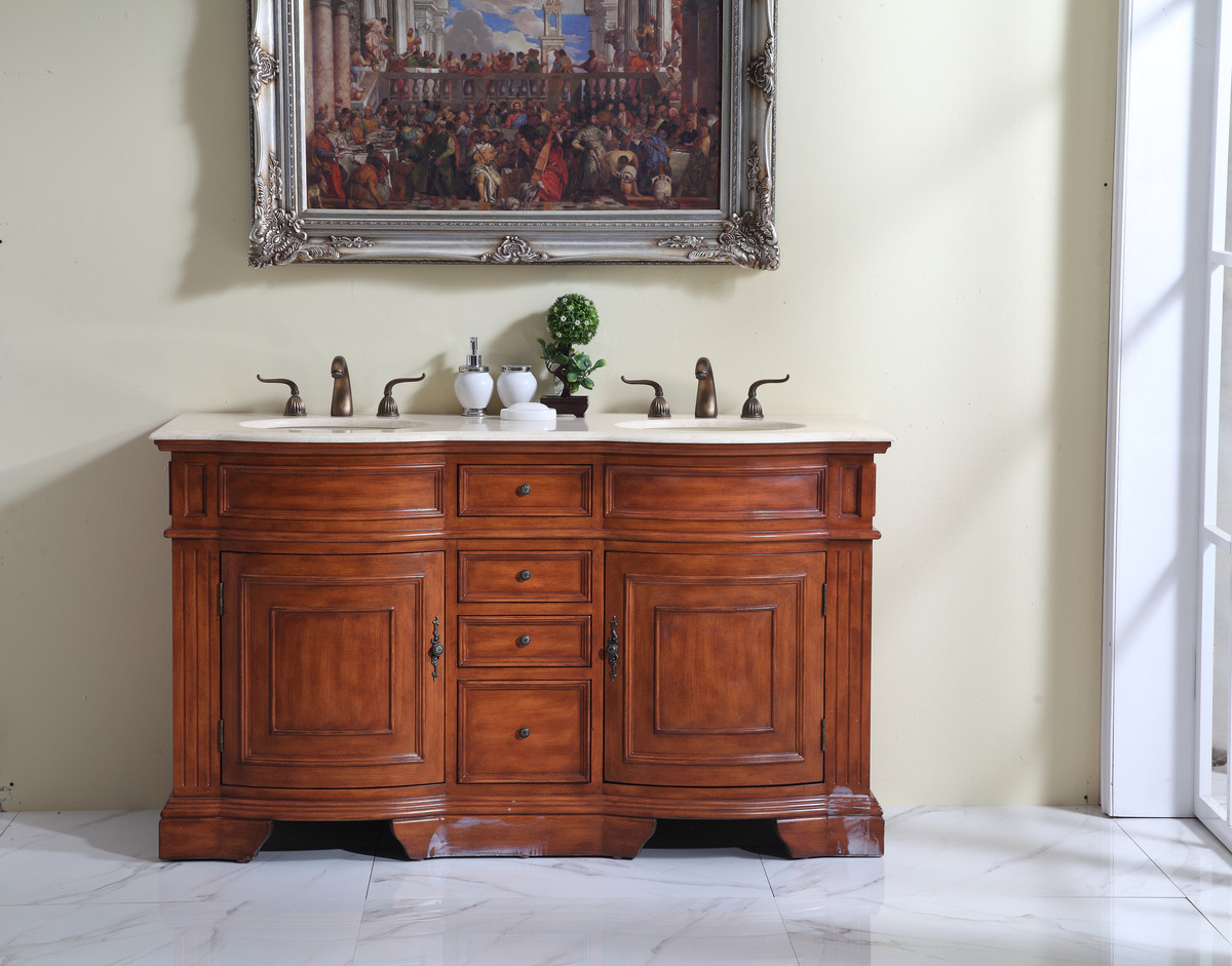 60" Adelina Traditional Style Double Sink Bathroom Vanity in Walnut Finish with Beige Stone Countertop and Oval Bone Porcelain Sink