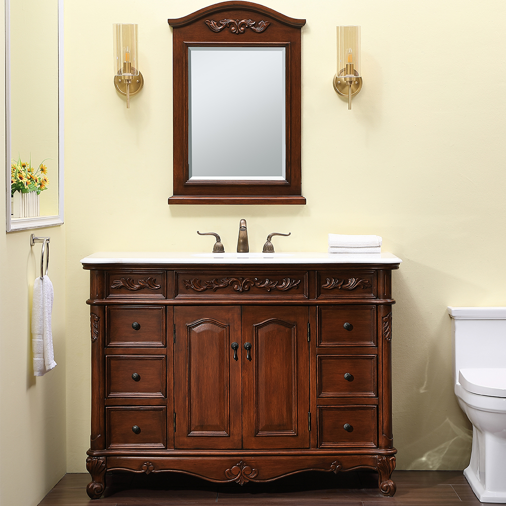 48" Deep Chestnut Finish Vanity Victorian Style Leg with White Imperial Marble Top with Mirror or Med Cab option