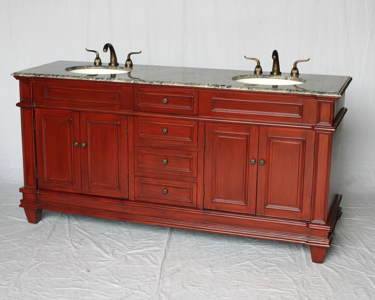 72" Adelina Traditional Style Double Sink Bathroom Vanity Cherry Finish with Gray Granite Countertop and Oval White Porcelain Sinks