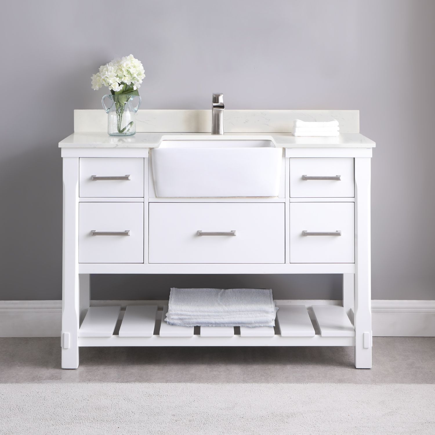 Issac Edwards Collection 48" Single Bathroom Vanity Set in White and Composite Carrara White Stone Top with White Farmhouse Basin without Mirror