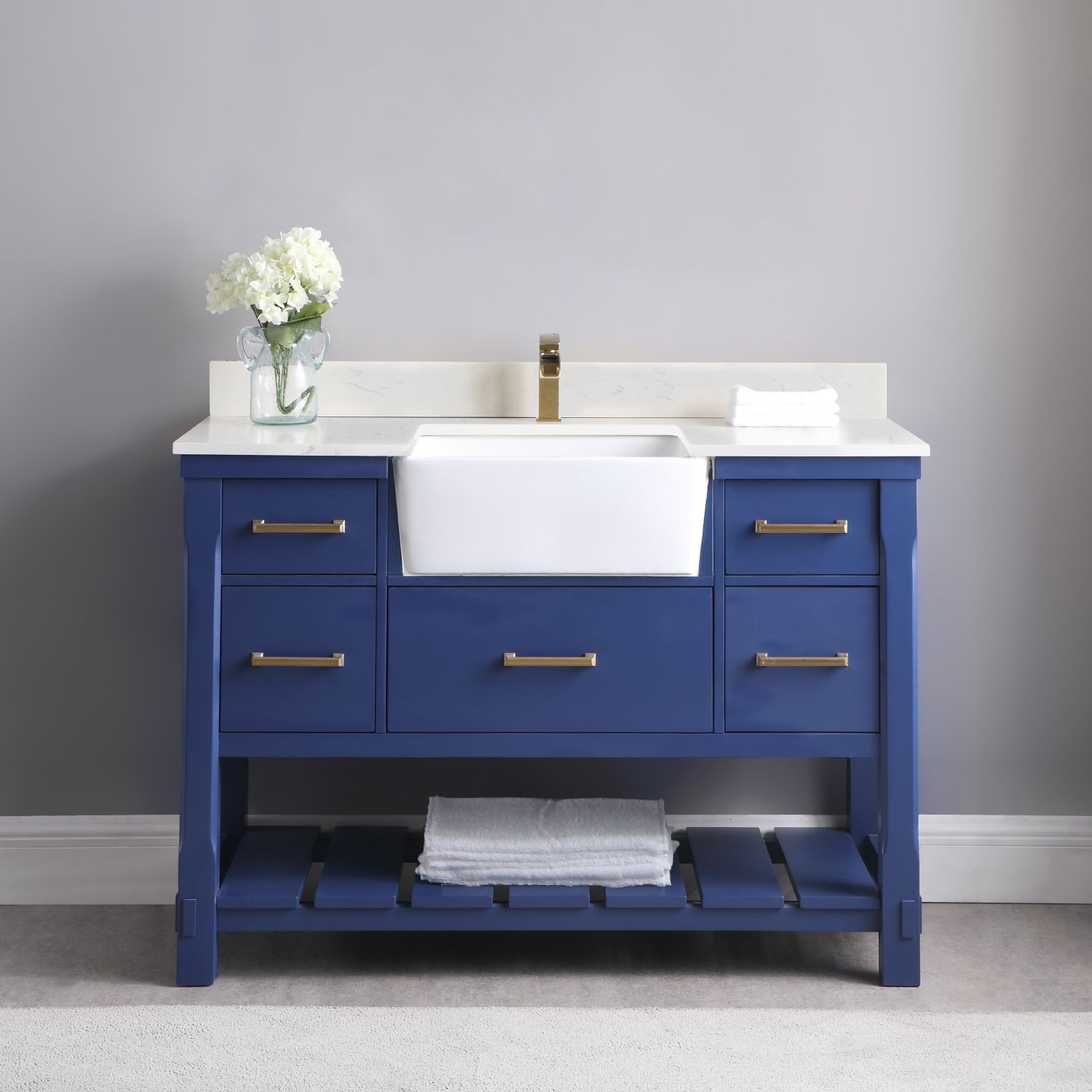 Issac Edwards Collection 48" Single Bathroom Vanity Set in Jewelry Blue and Composite Carrara White Stone Top with White Farmhouse Basin without Mirror