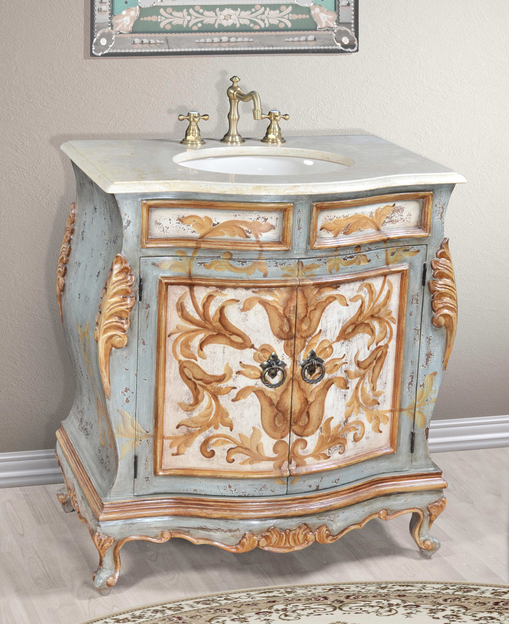 Antique Hand Painted 33" Wide Single Bowl Bathroom Vanity