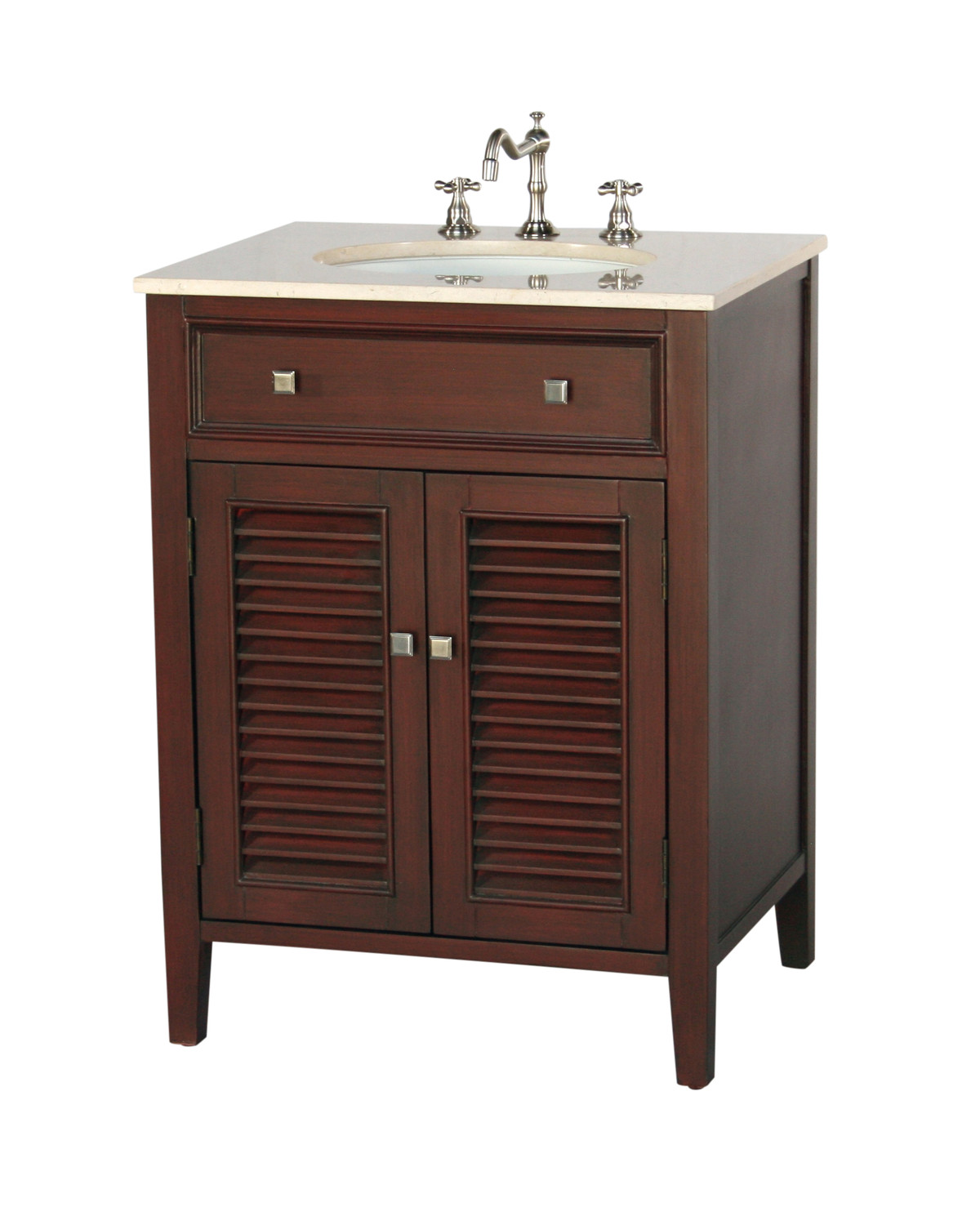 26" Adelina Shutter Style Single Sink Bathroom Vanity in Walnut Finish with Beige Stone Countertop