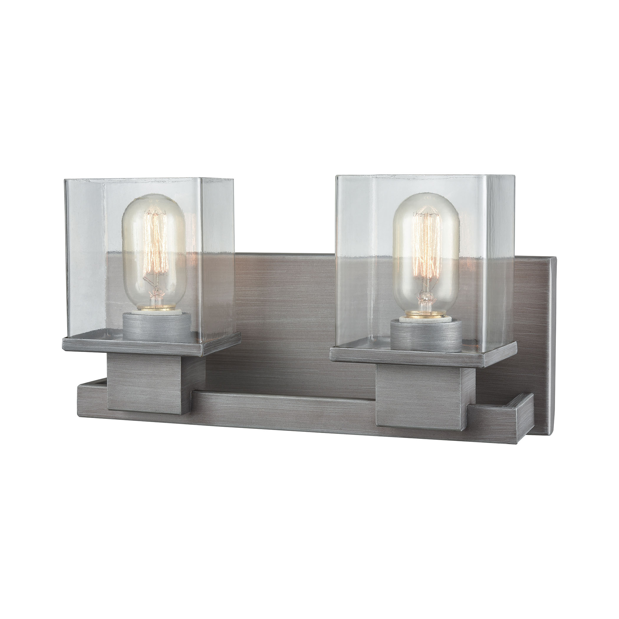 Hotelier 2 Light Vanity in Weathered Zinc with Clear Glass