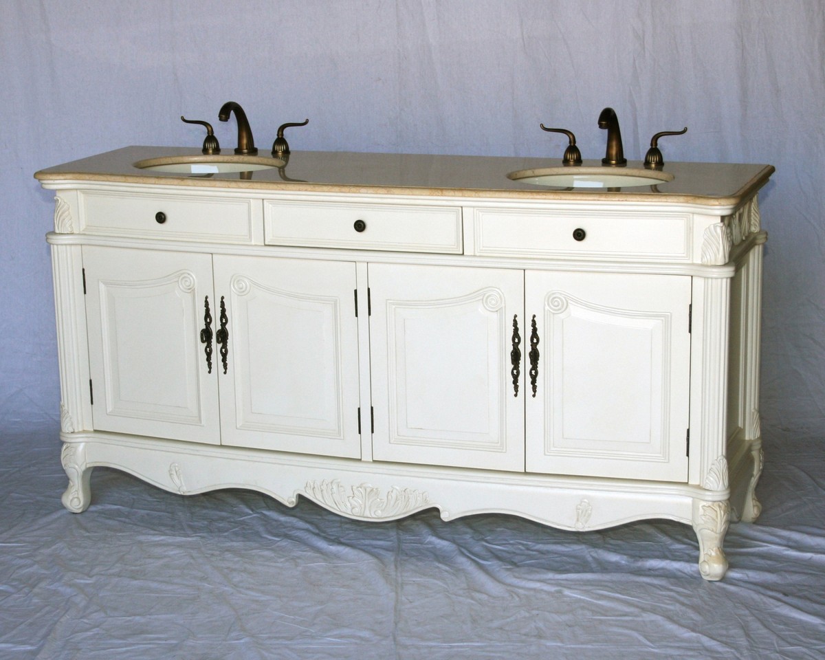 70" Adelina Antique Style Double Sink Bathroom Vanity in Antique White Finish with Beige Stone Countertop and Oval Bone Porcelain Sink