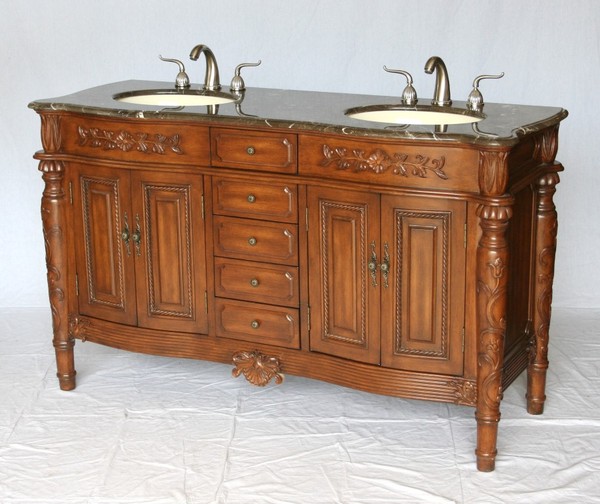 60" Adelina Antique Style Double Sink Bathroom Vanity in Walnut Finish with Light Brown Stone Countertop