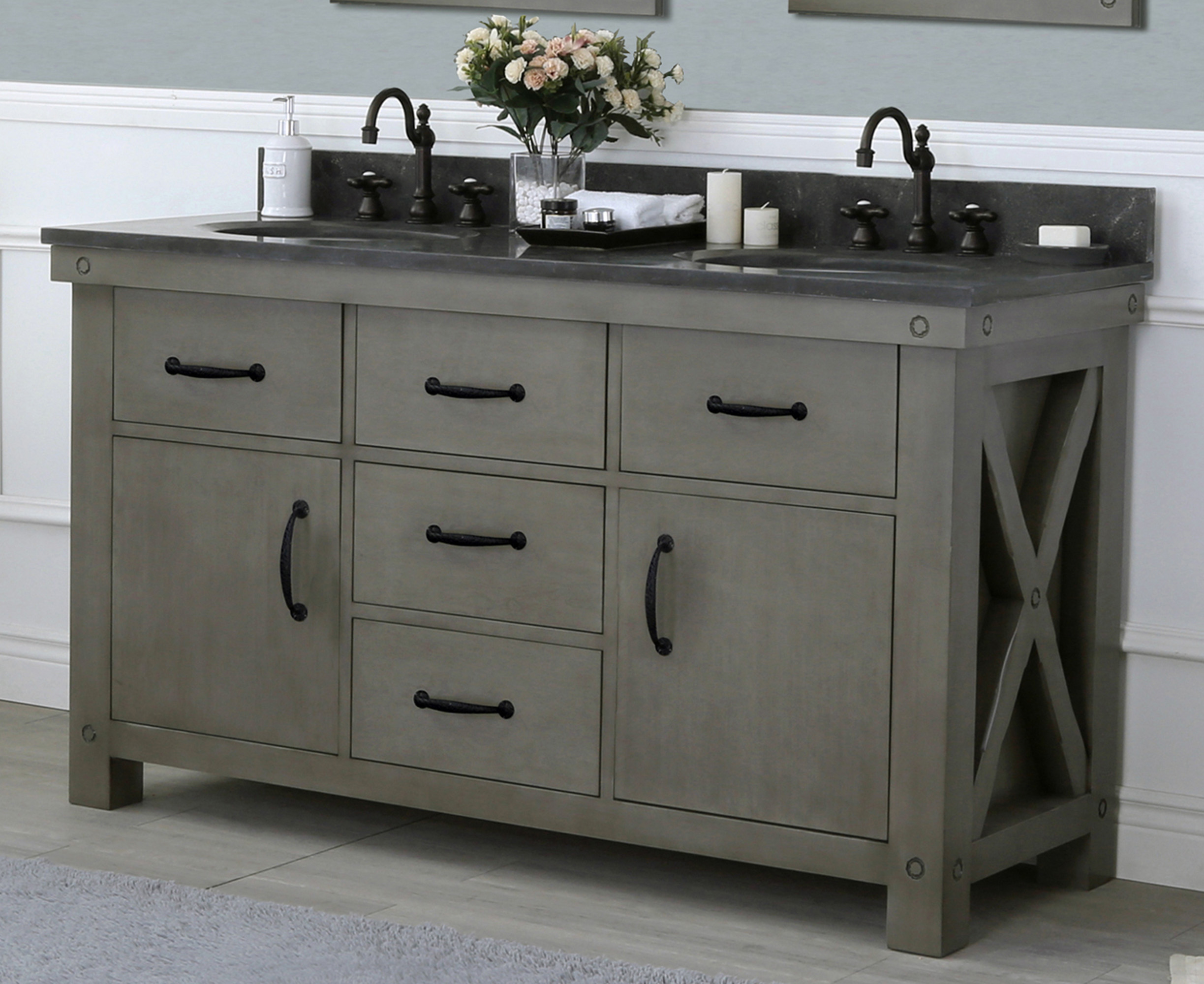 60" Grizzle Grey Double Sink Bathroom Vanity With Counter Top Options