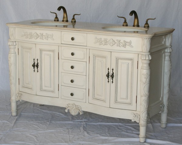 60" Adelina Antique Double Sink Bathroom Vanity in Antique White Finish with Beige Stone Countertop