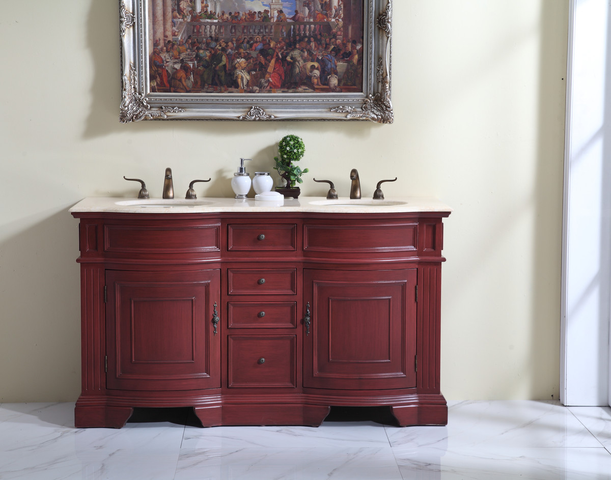 60" Adelina Traditional Style Double Sink Bathroom Vanity in Cherry Finish with Beige Stone Countertop and Oval Bone Porcelain Sinks