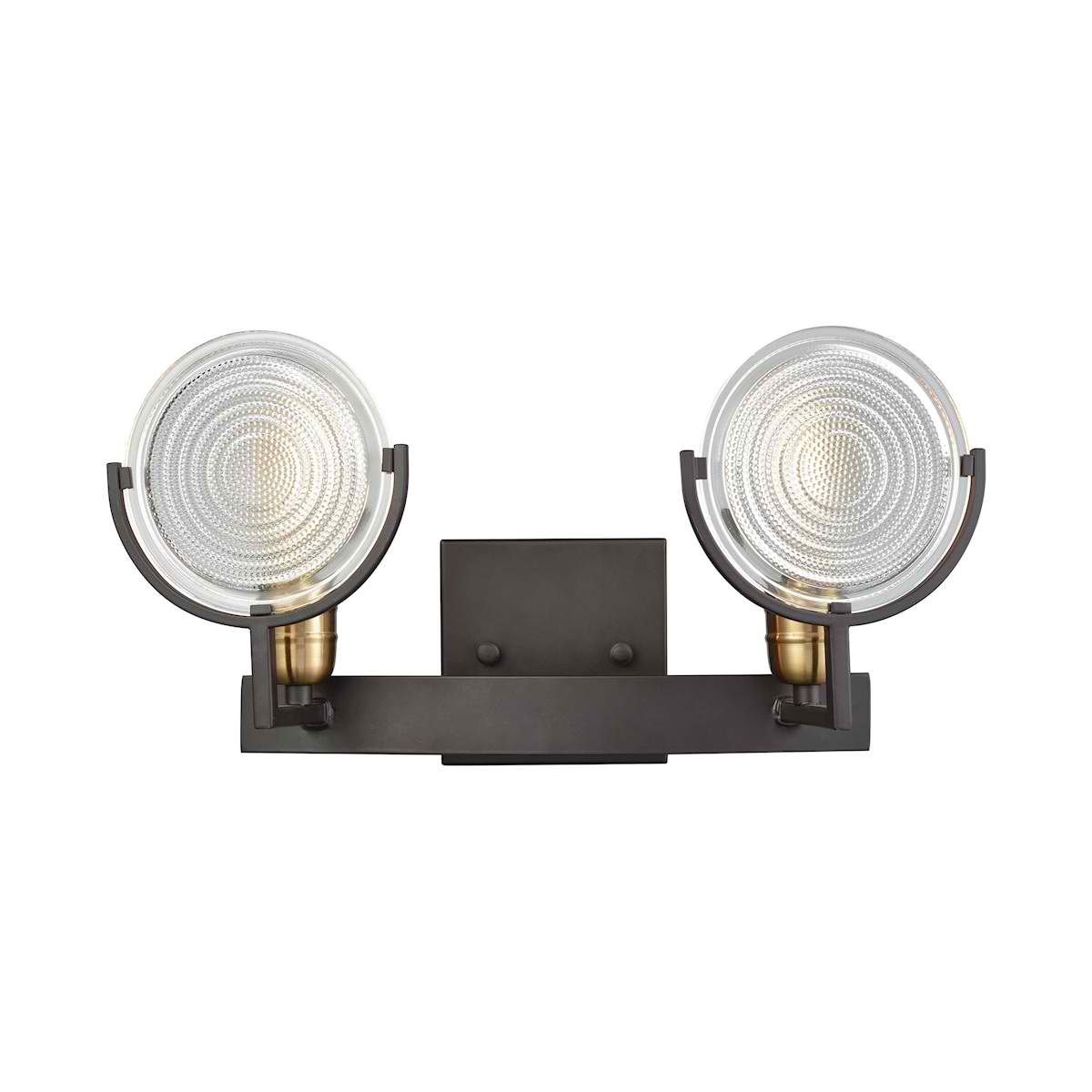 Ocular 2 Light Vanity in Oil Rubbed Bronze with Satin Brass Accents and Clear Railroad Light Glass