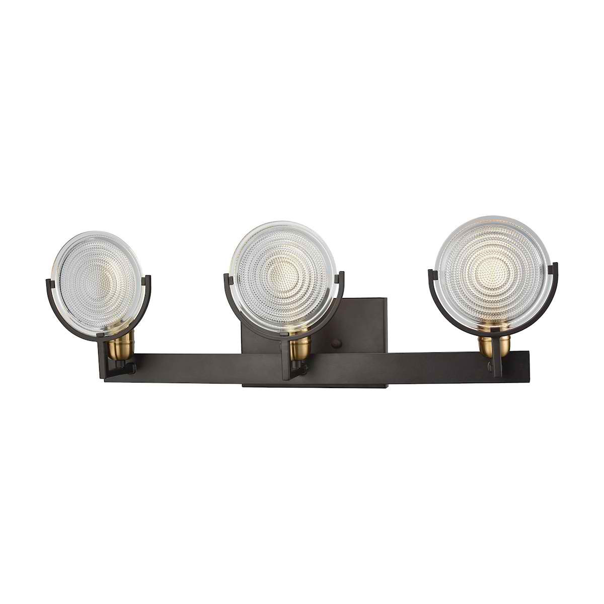 Ocular 3 Light Vanity in Oil Rubbed Bronze with Satin Brass Accents and Clear Railroad Light Glass