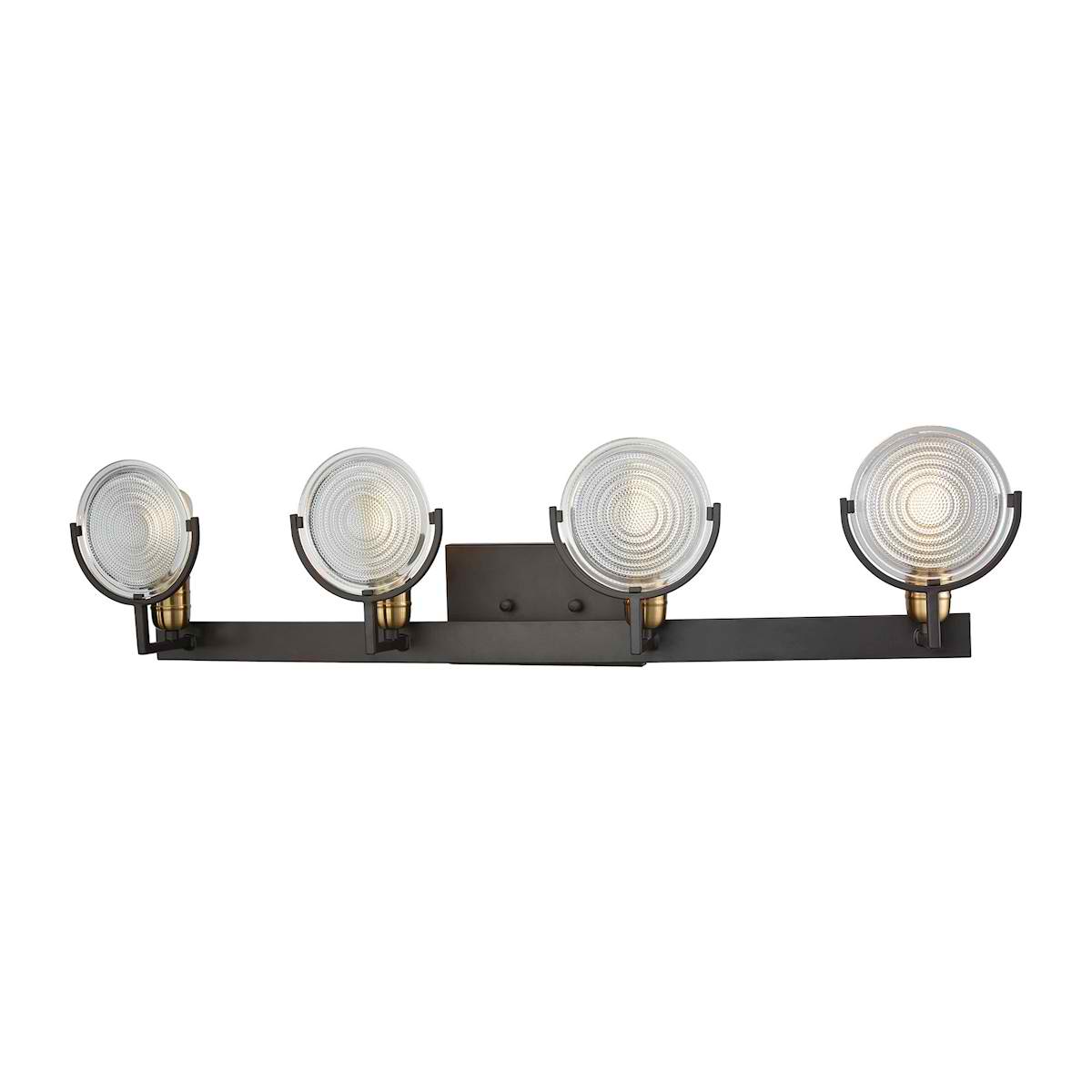 Ocular 4 Light Vanity in Oil Rubbed Bronze with Satin Brass Accents and Clear Railroad Light Glass