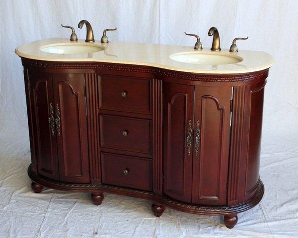 60" Adelina Antique Style Double Sink Bathroom Vanity in Cherry Finish with Beige Stone Countertop and Oval Bone Porcelain Sinks