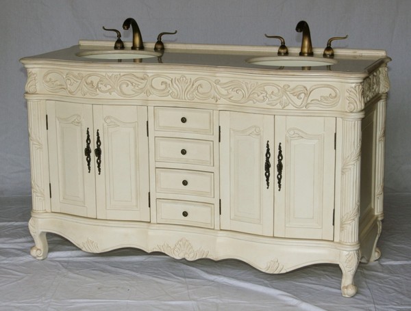 60" Adelina Antique Double Sink Bathroom Vanity Antique White Finish with Beige Stone Countertop