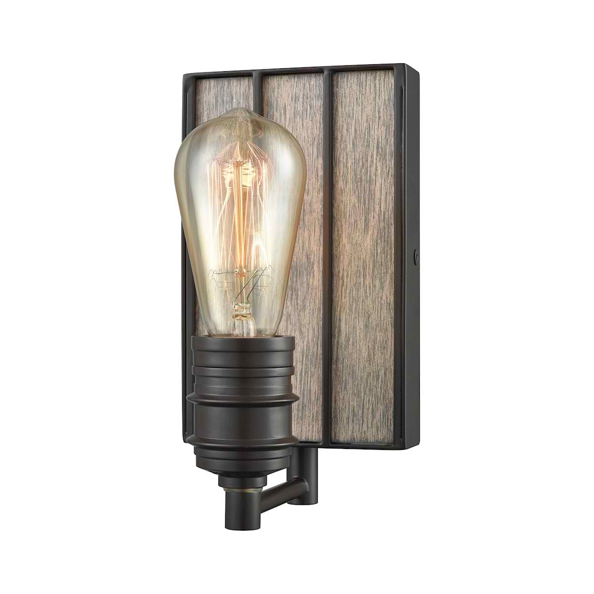 Brookweiler 1 Light Vanity in Oil Rubbed Bronze with Washed Wood Backplate