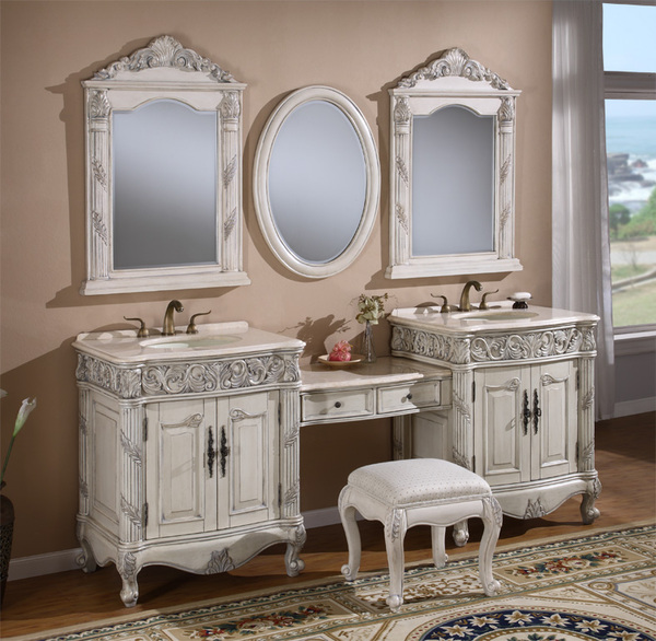 86" Adelina Antique Style Double Sink Bathroom Vanity in Antique White Finish with Beige Stone Countertop