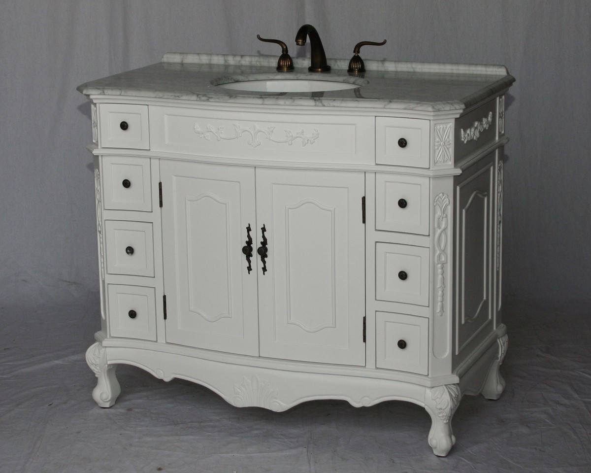 42" Adelina Antique Style Single Sink Bathroom Vanity in Pure White Finish with White Italian Carrara Marble Countertop