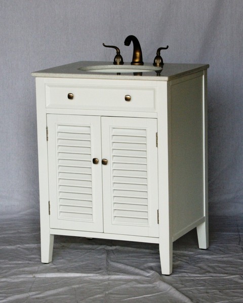 26" Adelina Cottage Style Single Sink Bathroom Vanity in Pure White Finish with Beige Stone Countertop