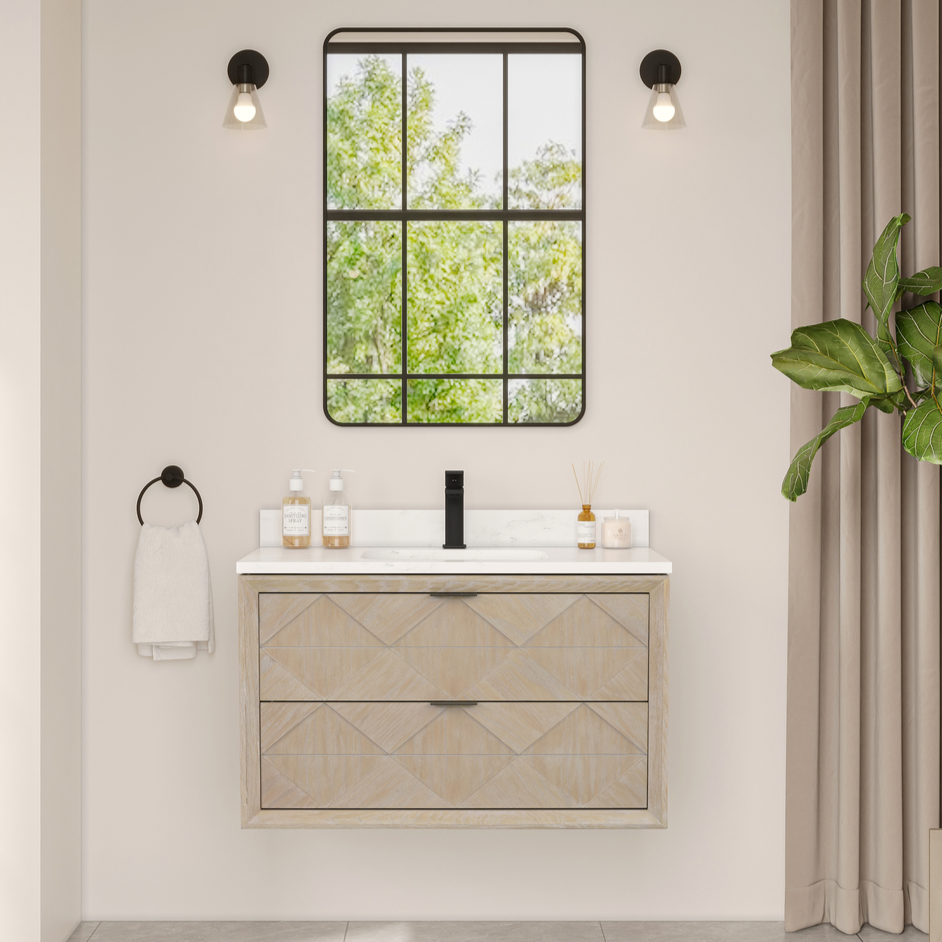 Issac Edwards Rustic Modern 36" Wall Mounted Bathroom Vanity in Whitewashed Oak Finish with 1" Thick White Stone Top Issac Edwards Rustic Modern 36" Wall Mounted Bathroom Vanity in Whitewashed Oak Finish with 1" Thick White Stone Top
