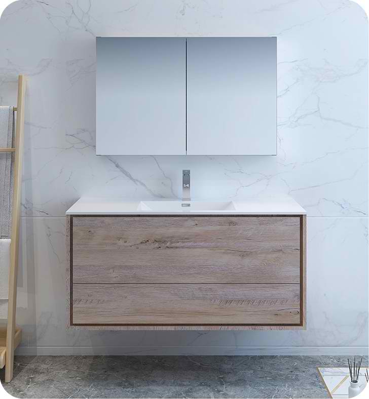 48" Rustic Natural Wood Wall Hung Modern Bathroom Vanity with Medicine Cabinet and Faucet Options