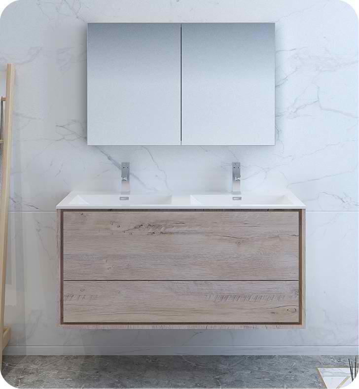 48" Rustic Natural Wood Wall Hung Double Sink Modern Bathroom Vanity with Medicine Cabinet and Faucet Options