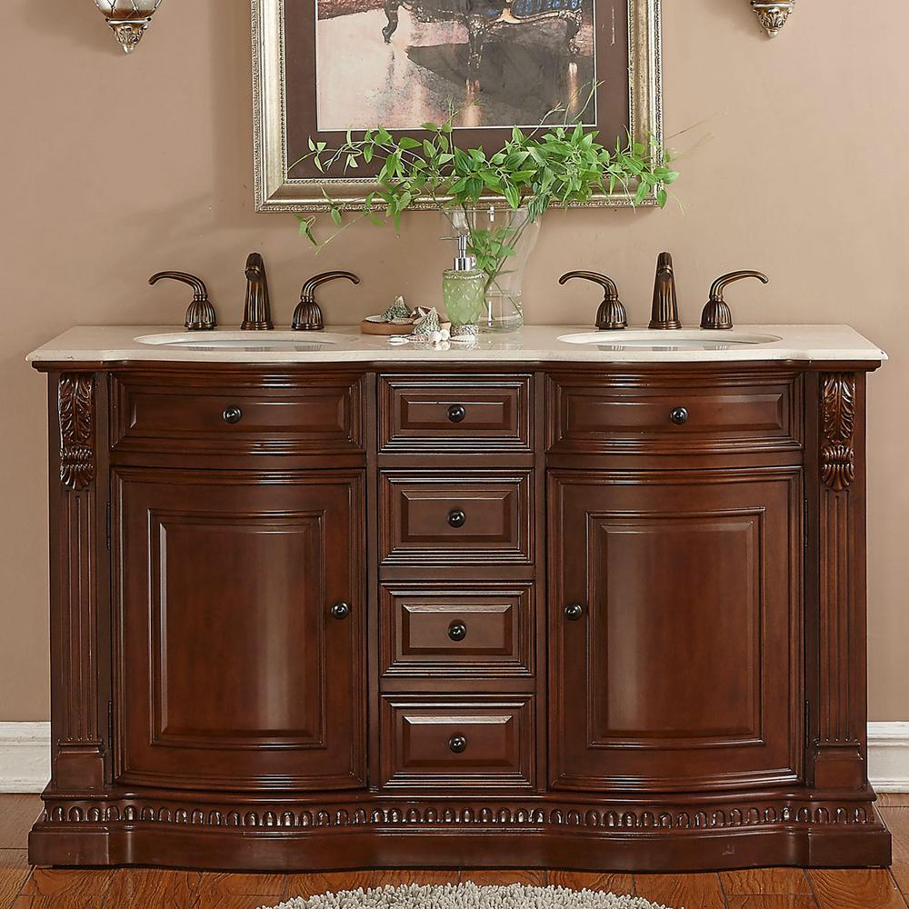 60" Double Sink Vanity in Brazilian Rosewood with Marble Vanity Top in Cream Marfil with White Basin