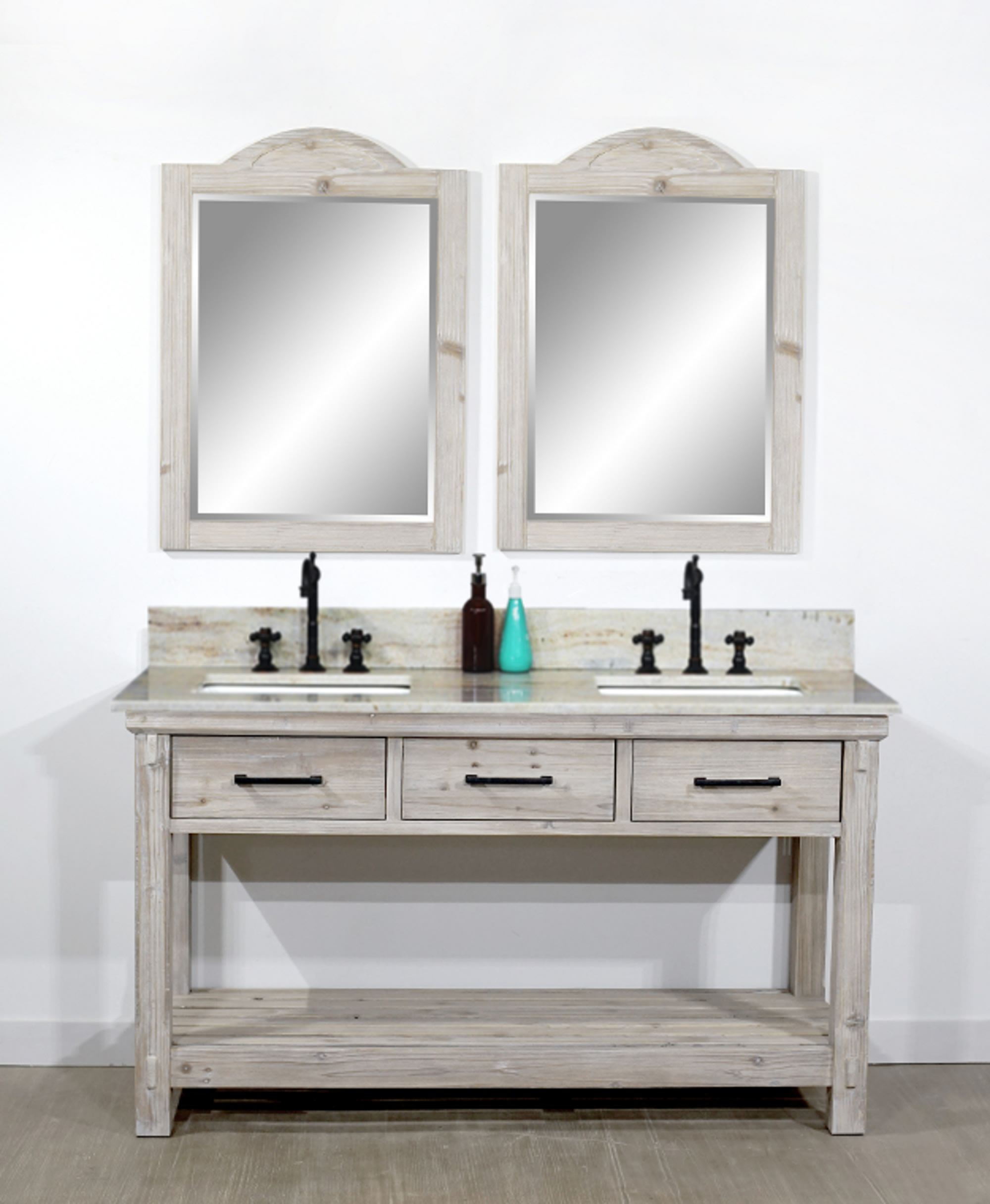 60" Rustic Solid Fir Double Sink Bathroom Vanity - No Faucet with Countertop Options