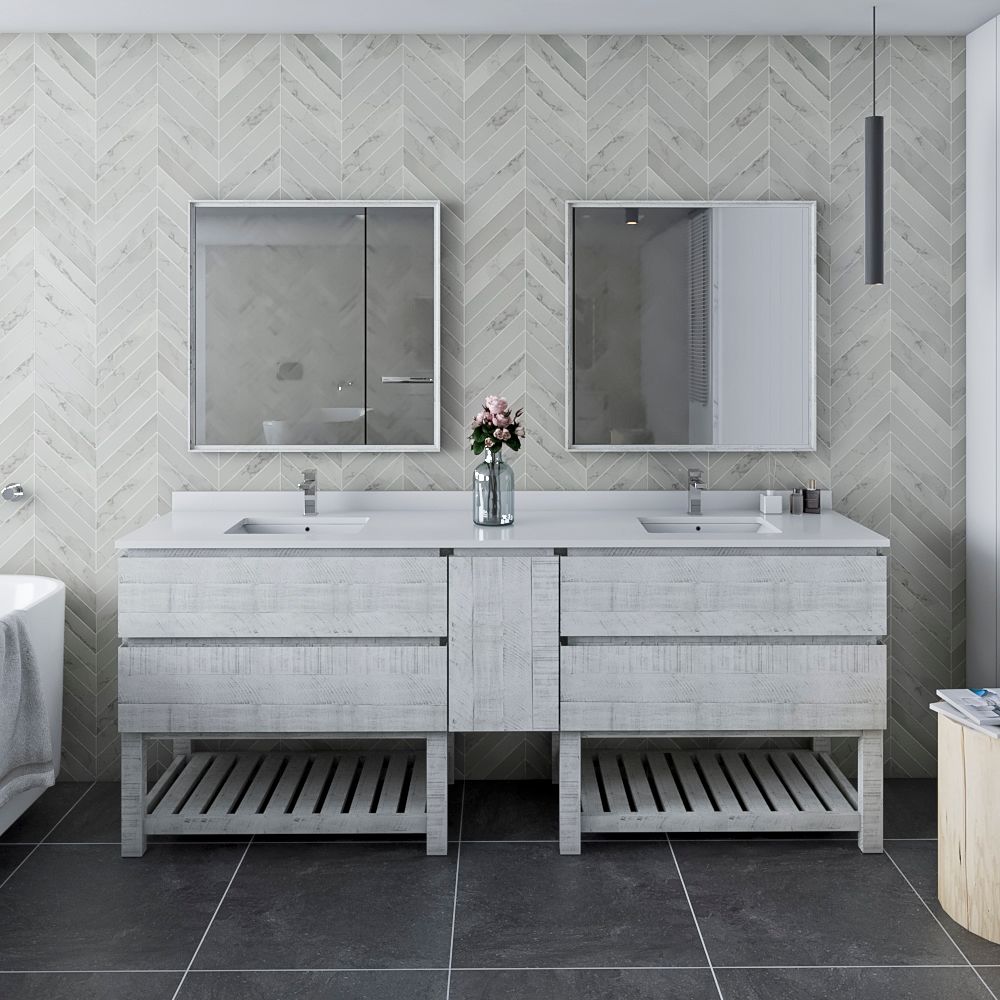 84" Floor Standing Double Sink Modern Bathroom Vanity w/ Open Bottom & Mirrors in Rustic White