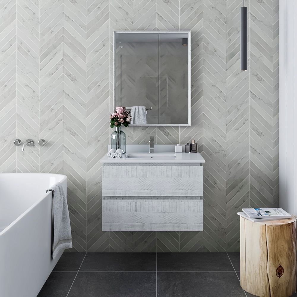 30" Wall Hung Modern Bathroom Vanity w/ Mirror in Rustic White
