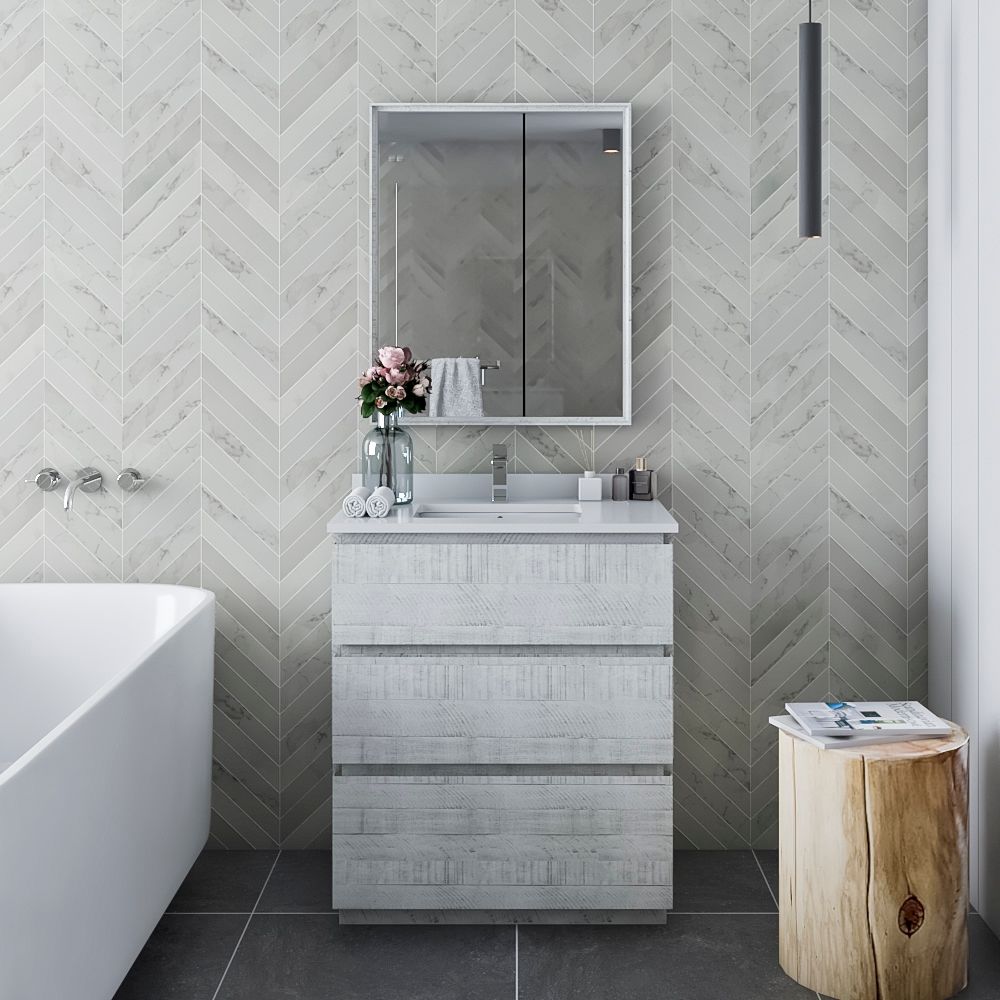 30" Floor Standing Modern Bathroom Vanity w/ Mirror in Rustic White