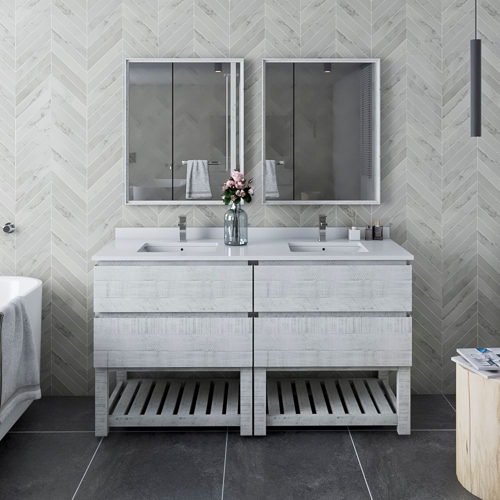 60" Floor Standing Double Sink Modern Bathroom Vanity w/ Open Bottom & Mirrors in Rustic White
