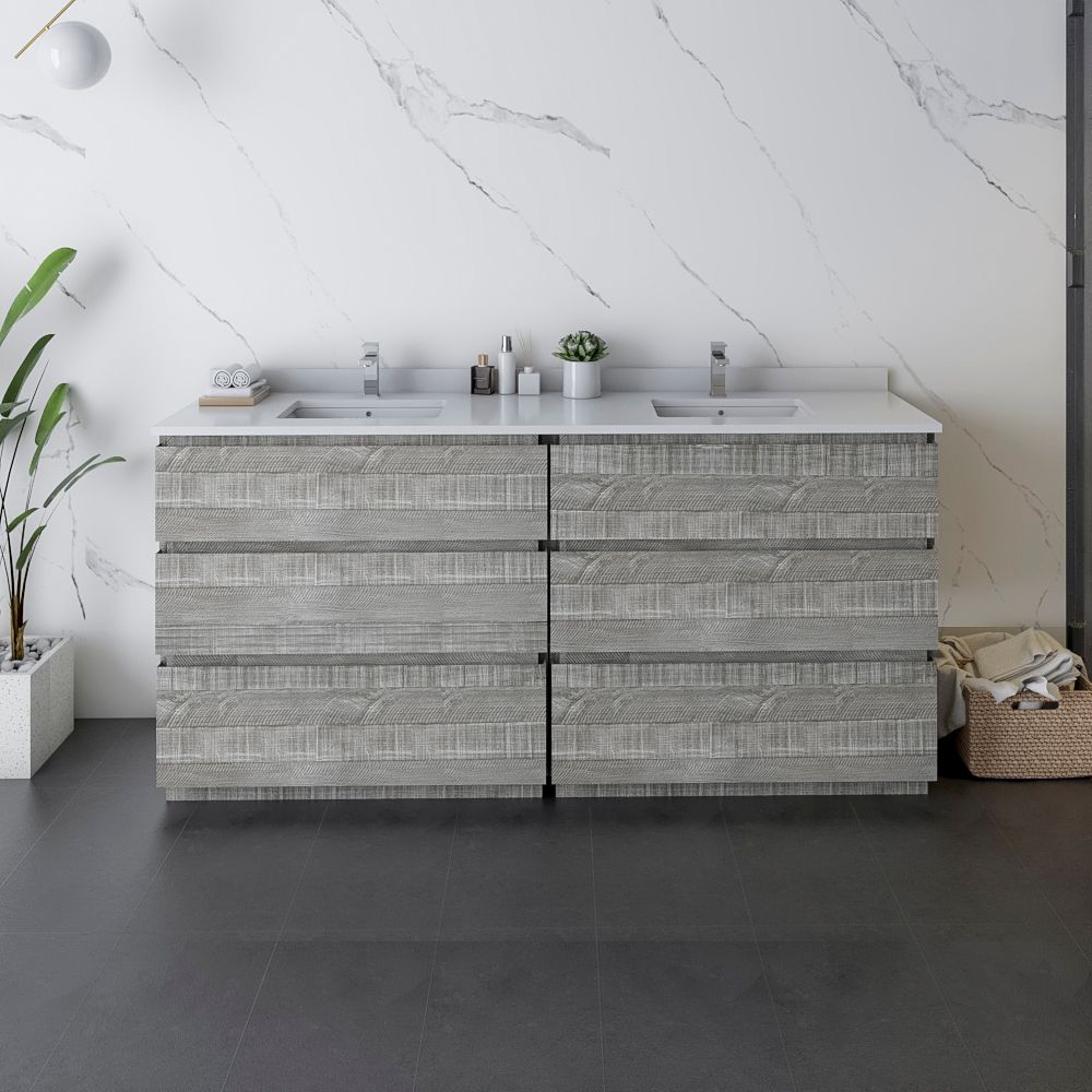 72" Floor Standing Double Sink Modern Bathroom Cabinet w/ Top & Sinks in Ash