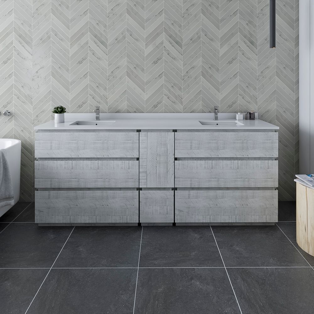 84" Floor Standing Double Sink Modern Bathroom Cabinet w/ Top & Sinks in Rustic White